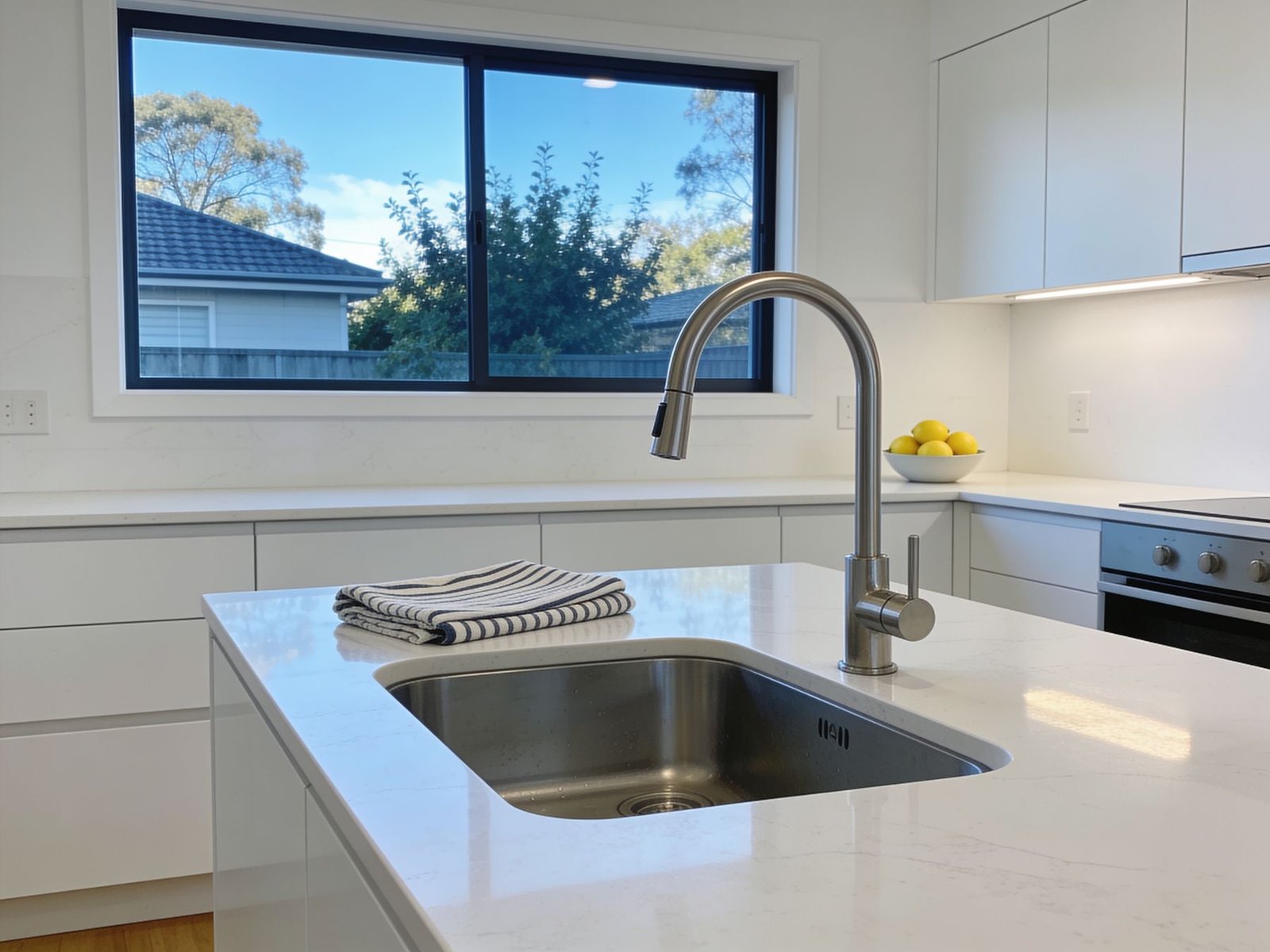 A spotless white kitchen benchtop after a regular clean